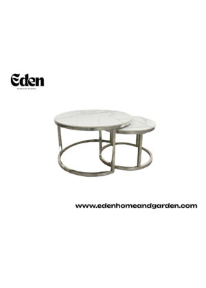 Cato Nest of 2 Short Round Coffee Silver Tables with Polar White Sintered Stone Tops