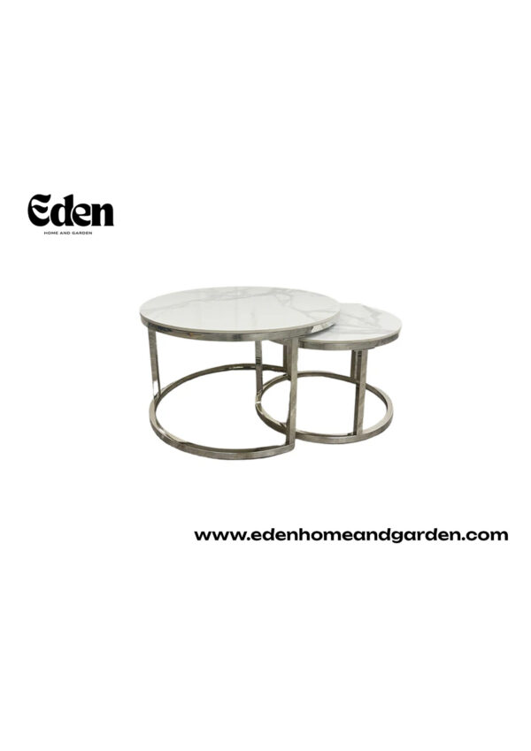 Cato Nest of 2 Short Round Coffee Silver Tables with Polar White Sintered Stone Tops