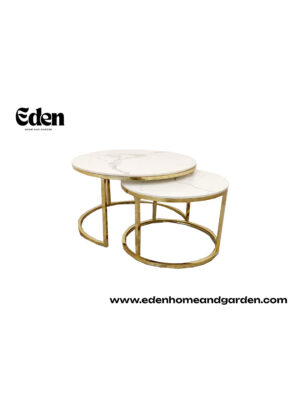 Cato Nest of 2 Short Round Coffee Gold Tables with Polar White Sintered Stone Tops