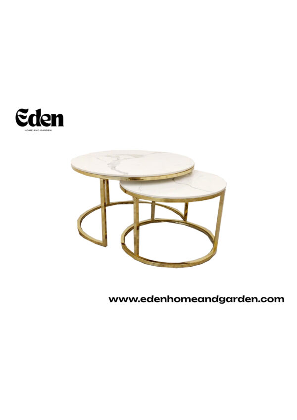 Cato Nest of 2 Short Round Coffee Gold Tables with Polar White Sintered Stone Tops
