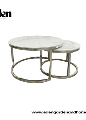Cato Nest of 2 Short Round Coffee Silver Tables with Polar White Sintered Stone Tops