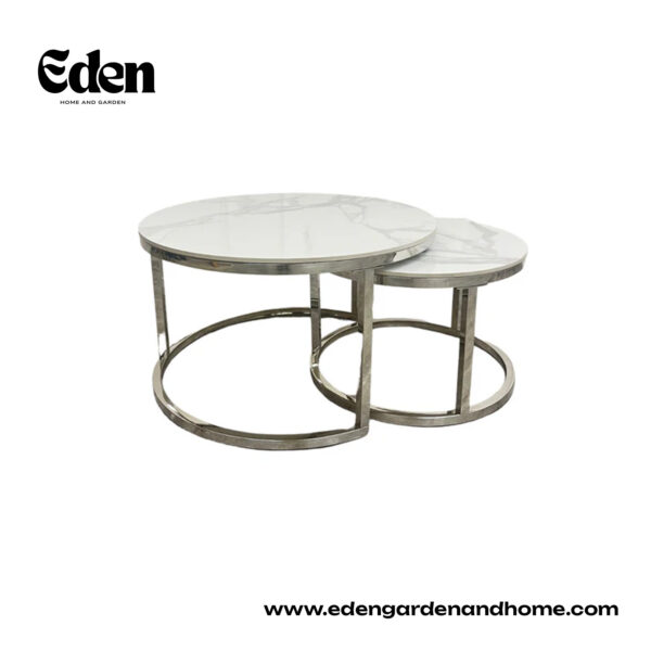 Cato Nest of 2 Short Round Coffee Silver Tables with Polar White Sintered Stone Tops