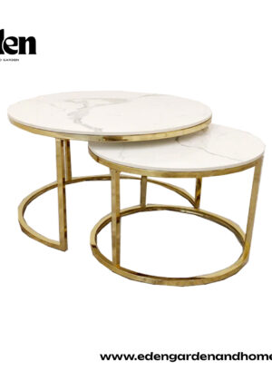 Cato Nest of 2 Short Round Coffee Gold Tables with Polar White Sintered Stone Tops