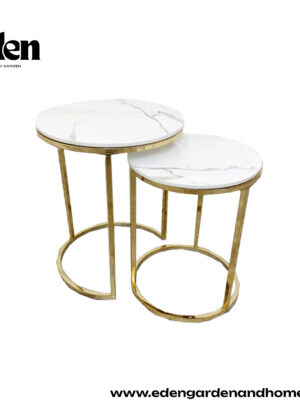 Cato Nest of 2 Tall Gold End Tables with Polar White Sintered Stone Tops