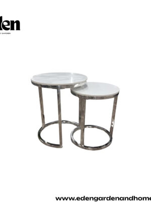 Cato Nest of 2 Tall Silver End Tables with Polar White Sintered Stone Top