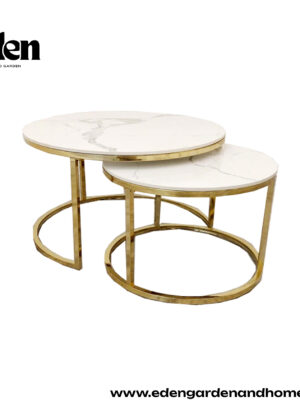 Cato Nest of 2 Short Round Coffee Gold Tables with Polar White Sintered Stone Tops