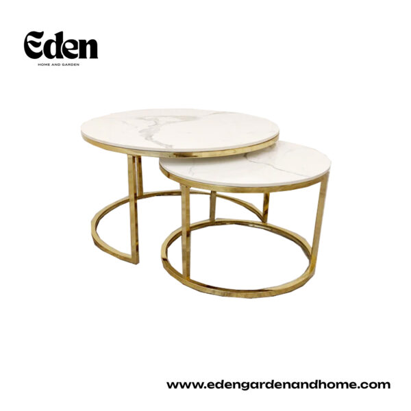 Cato Nest of 2 Short Round Coffee Gold Tables with Polar White Sintered Stone Tops