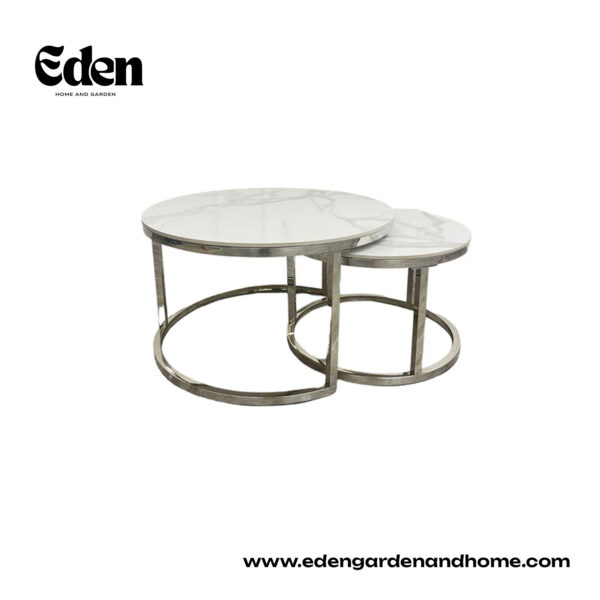 Cato Nest of 2 Short Round Coffee Silver Tables with Polar White Sintered Stone Tops
