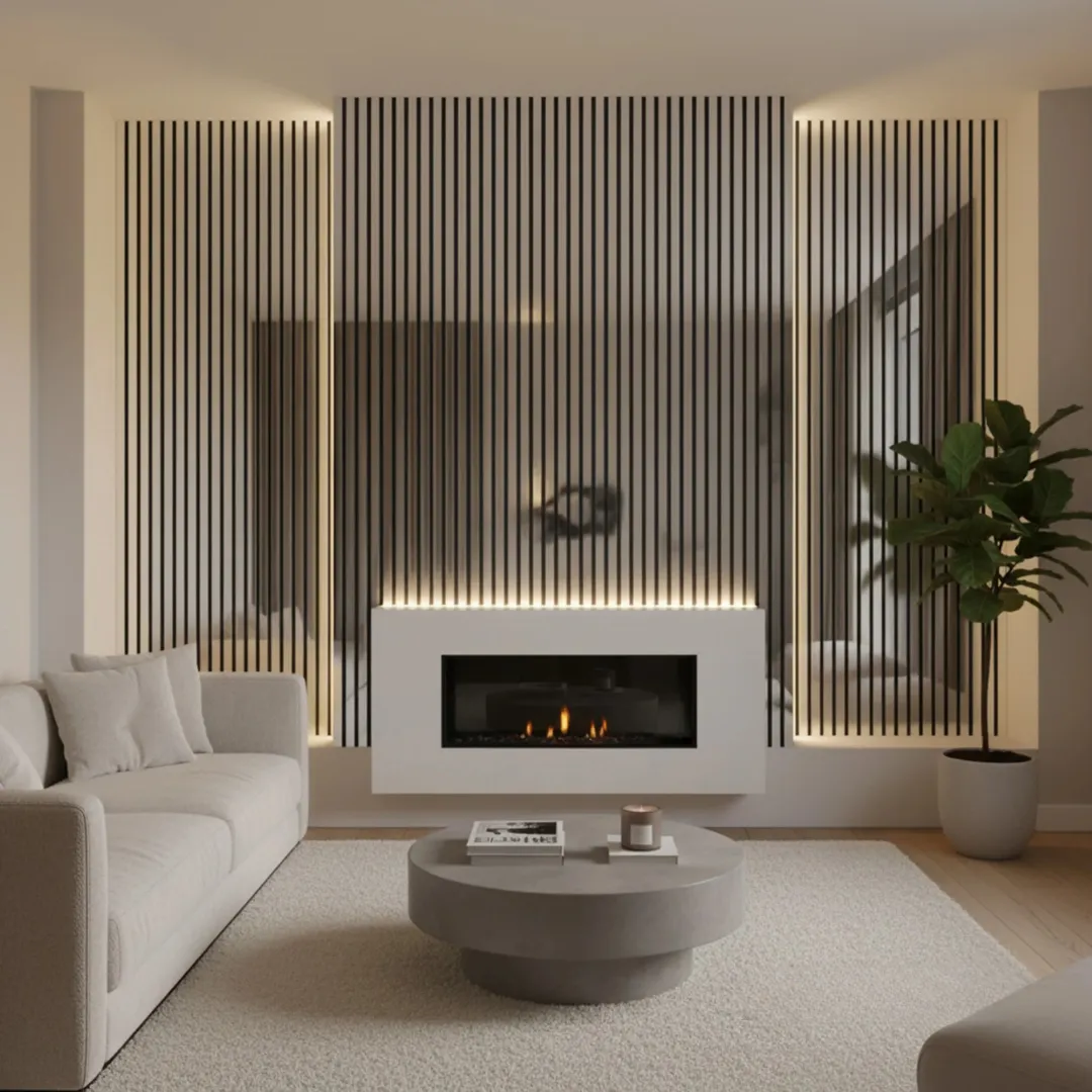 Chrome Colour Acoustic Wood Wall Panels | 3-Sided Wrap Design 240cm x 32cm (Set of 2)