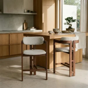 Clara Walnut Bar Stool with Oatmeal Bouclé Upholstery