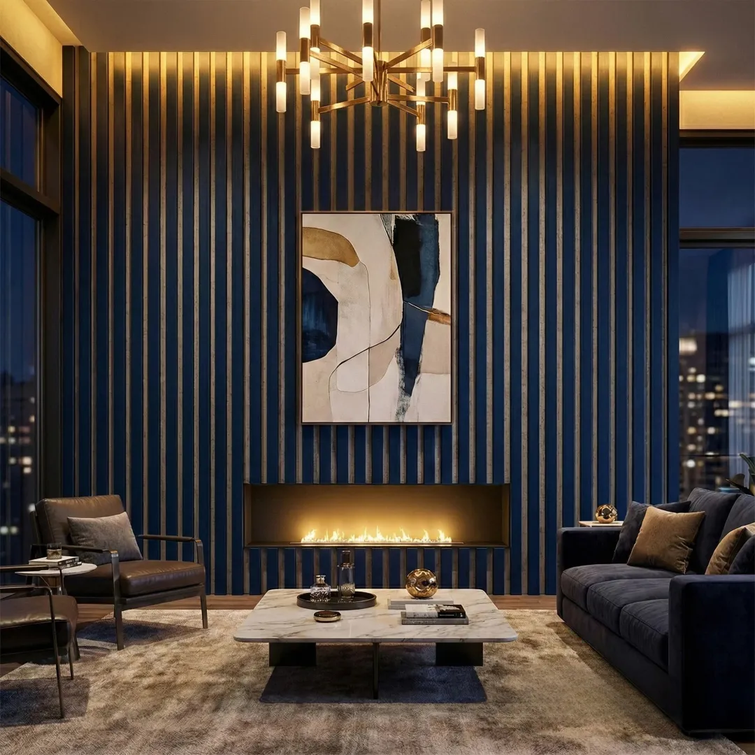 Blue Coloured Acoustic Wood Wall Panel | Grey Felt Backing 240cm x 32cm (Set of 2)