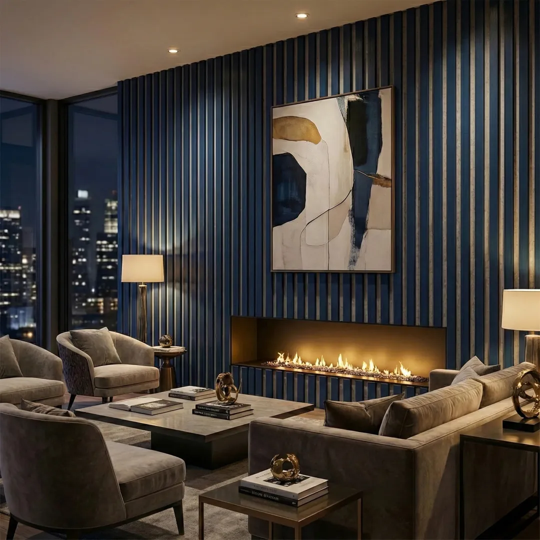 Blue Coloured Acoustic Wood Wall Panel | Grey Felt Backing 240cm x 32cm (Set of 2) - Image 2