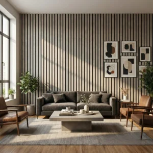 Concrete Coloured Acoustic Wood Wall Panel | 3-Sided Wrap Design 240cm x 32cm (Set of 2)