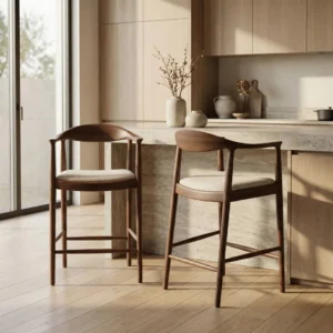 Fern Walnut Bar Stool with Oatmeal Bouclé Upholstery