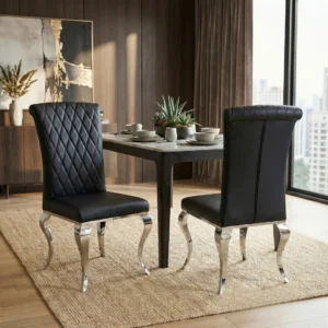 Niklas Black Faux Leather Dining Chair | Cross Stitch Back, High Scroll Top, Chrome Curved Legs