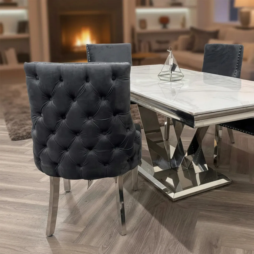 Oskar Dark Grey Velvet Dining Chair | Deep Button Back with Chrome Legs - Image 2