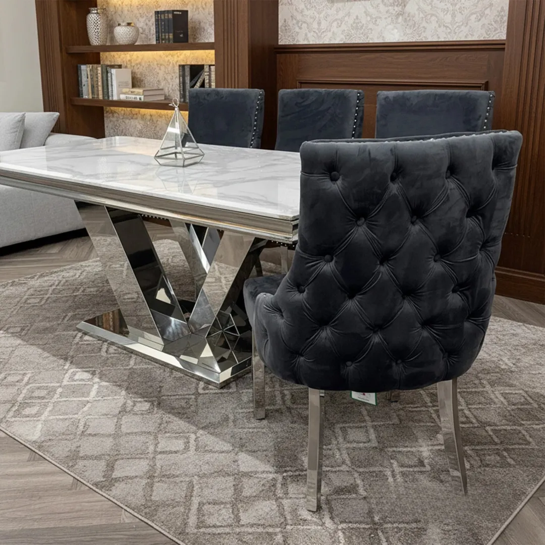 Oskar Dark Grey Velvet Dining Chair | Deep Button Back with Chrome Legs