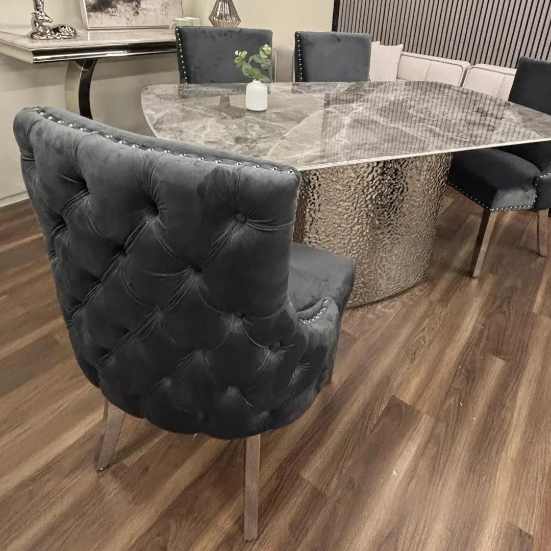 Oskar Dark Grey Velvet Dining Chair | Deep Button Back with Chrome Legs - Image 3