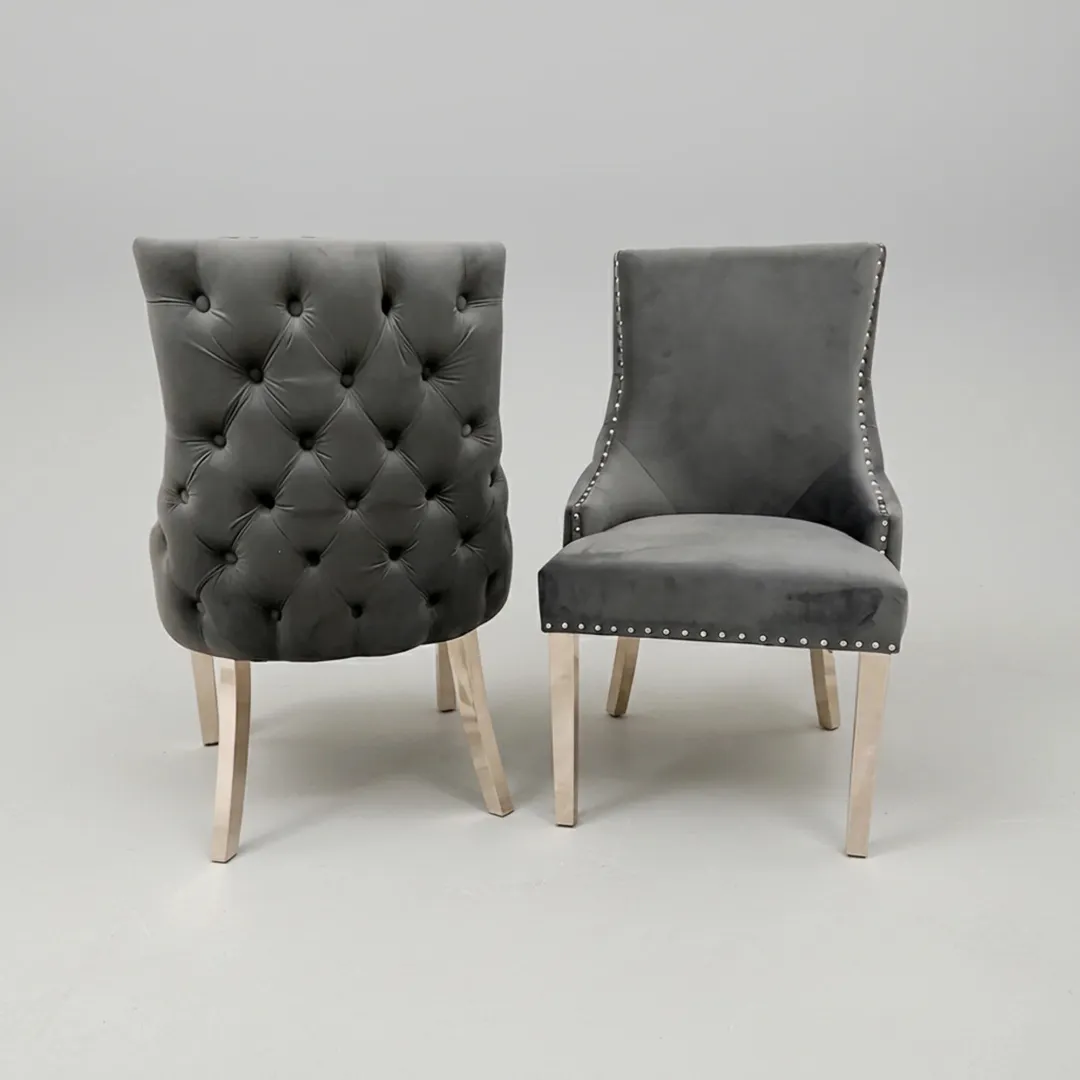 Oskar Dark Grey Velvet Dining Chair | Deep Button Back with Chrome Legs - Image 4