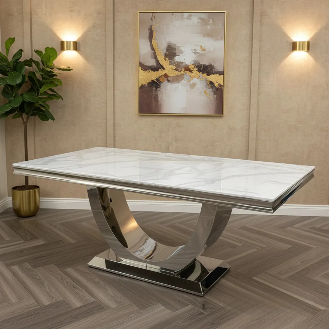 Urban 1.8m White Marble Dining Set – Chrome U-Base Table with 4/6/8 Oskar Dark Grey Velvet Chairs - Image 5