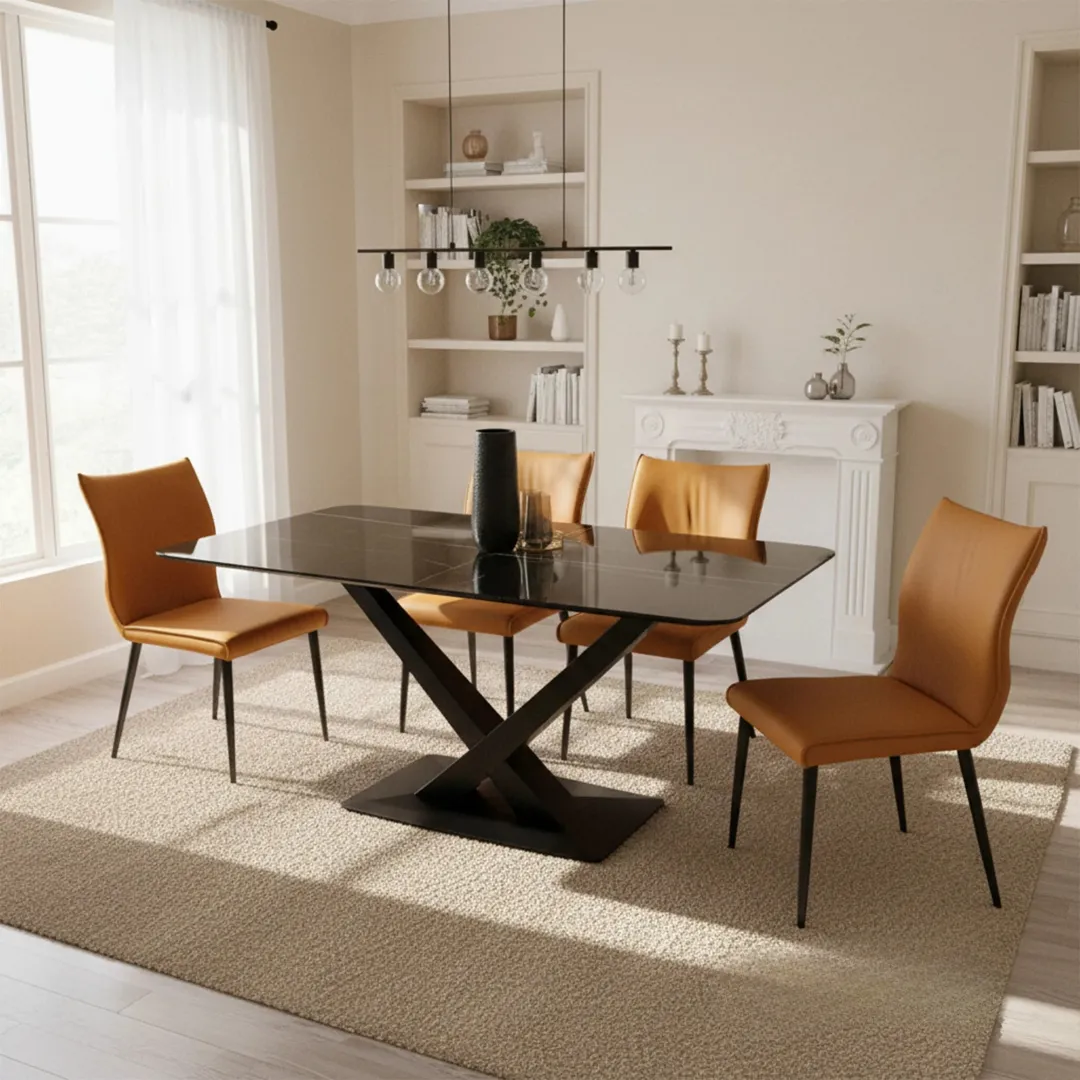 Arvid 1.6m Black Sintered Stone Dining Table with V/X Base & 4/6 Tan Folke Leather Chairs - Image 6