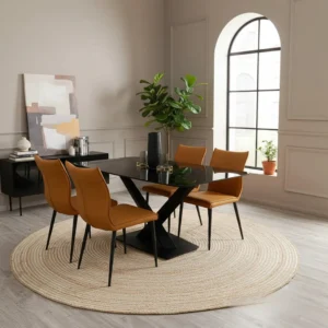 Arvid 1.6m Black Sintered Stone Dining Table with V/X Base & 4/6 Tan Folke Leather Chairs