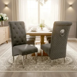 Einar Dark Grey Plush Velvet Dining Chair | Scroll Top, Chrome Lion Knocker & Quilted Back