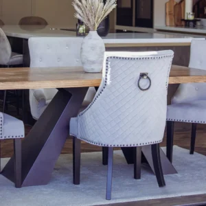 Gunnar Velvet Dining Chair | Studded & Quilted Back, Wood Legs | Light Grey / Dark Grey