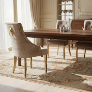 Henrik Gold Beige Velvet Dining Chair | Quilted Back, Studded Detailing & Lion Knocker