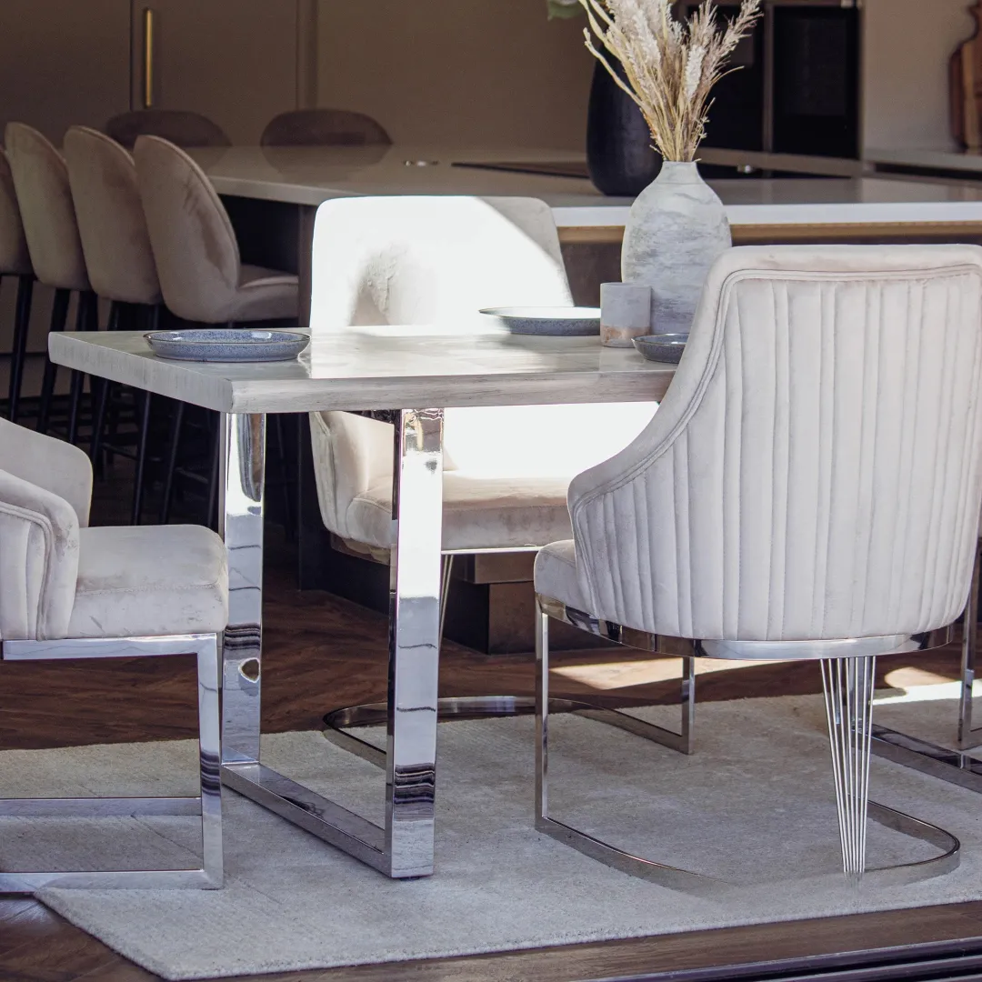 Ivar 1.8m Slimline Chrome Dining Set – Solid Pine Wood Table with 4 Olivia Velvet Chairs - Image 7
