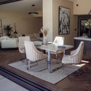 Ivar 1.8m Slimline Chrome Dining Set – Solid Pine Wood Table with 4 Olivia Velvet Chairs