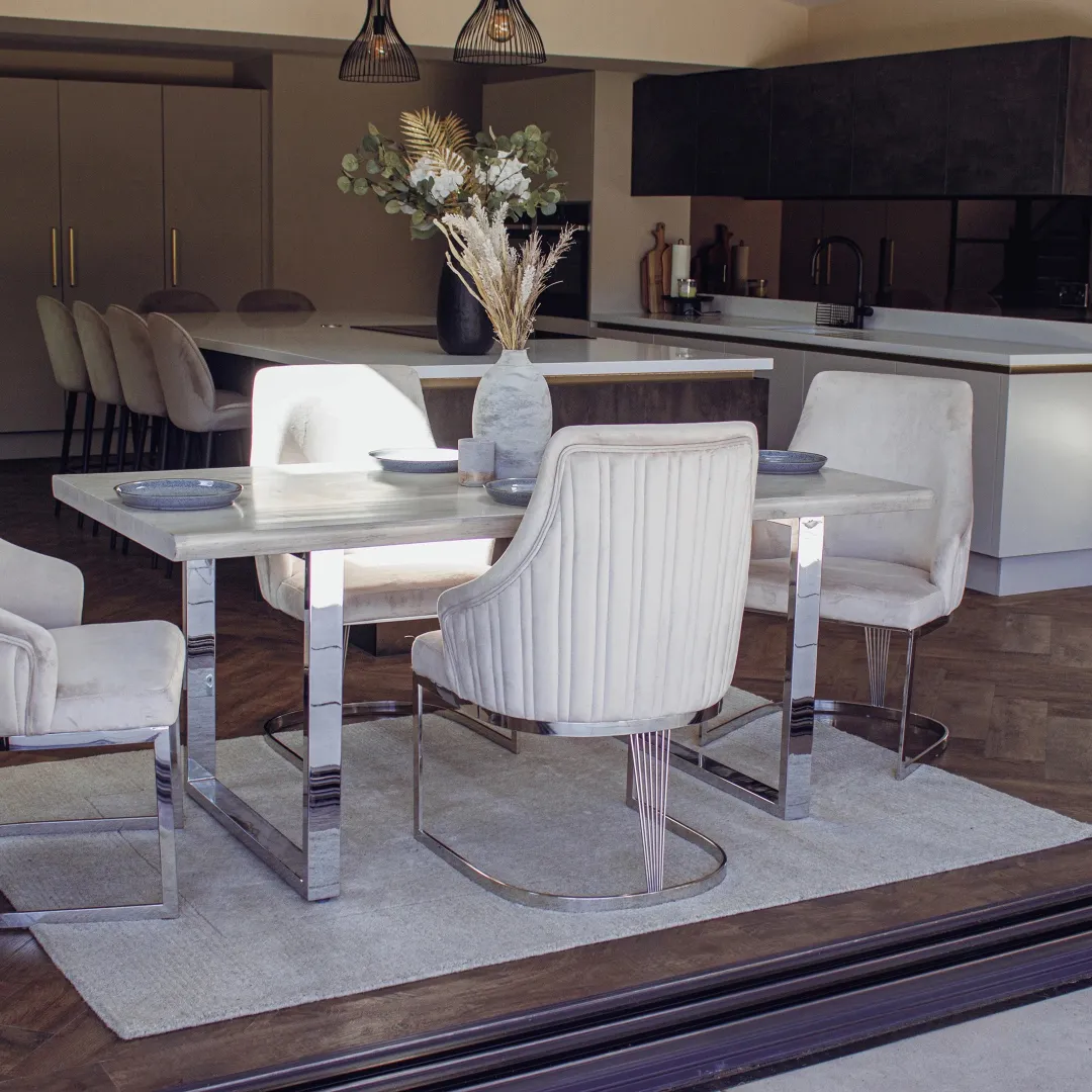 Ivar 1.8m Slimline Chrome Dining Set – Solid Pine Wood Table with 4 Olivia Velvet Chairs - Image 2