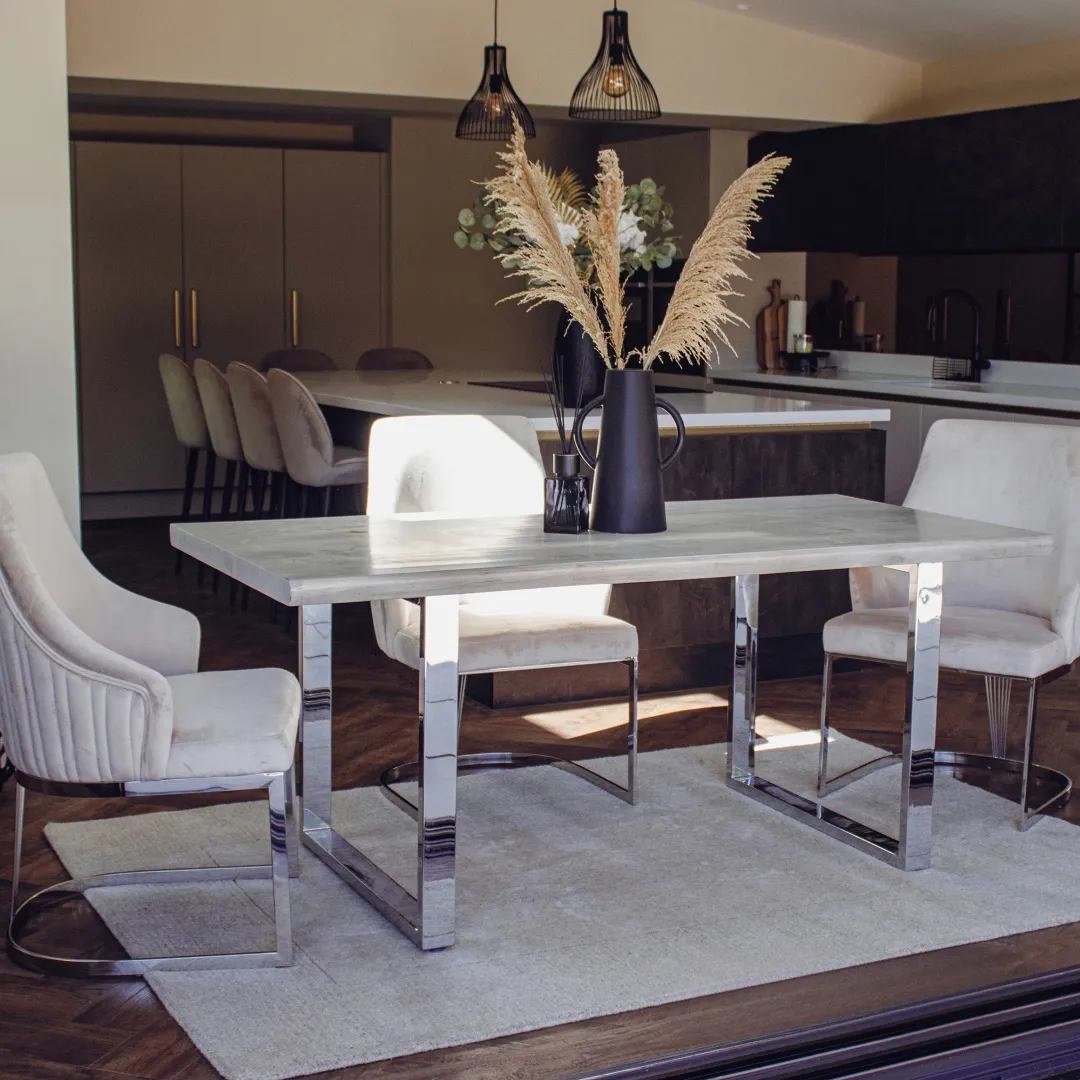 Ivar 1.8m Slimline Chrome Dining Set – Solid Pine Wood Table with 4 Olivia Velvet Chairs - Image 3