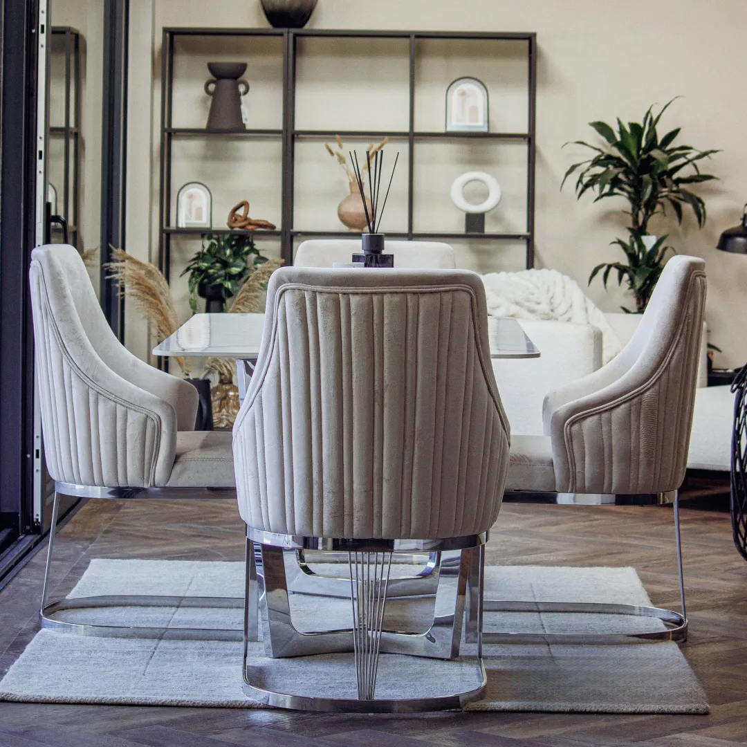 Loki 1.6m Rectangular Chrome Dining Set – White Sintered Stone Table with 4 Olivia Velvet Chairs - Image 6