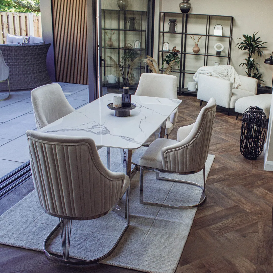 Loki 1.6m Rectangular Chrome Dining Set – White Sintered Stone Table with 4 Olivia Velvet Chairs - Image 5