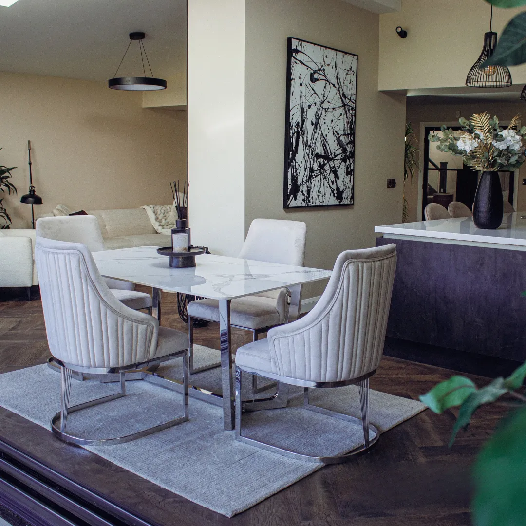 Loki 1.6m Rectangular Chrome Dining Set – White Sintered Stone Table with 4 Olivia Velvet Chairs - Image 4