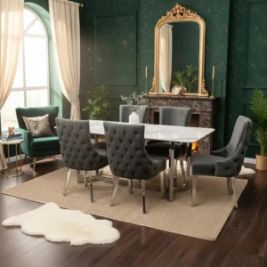 Loki 1.6m White Sintered Stone Chrome Dining Table with 4/6 Oskar Dark Grey Velvet Chairs