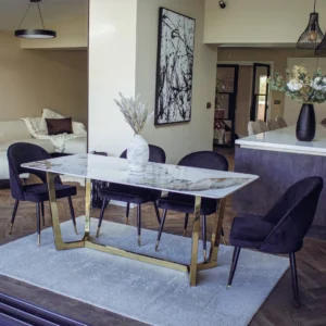 Loki 1.8m Gold Dining Set – Cream Sintered Stone Table with 4/6 Bjorn Black Velvet Chairs
