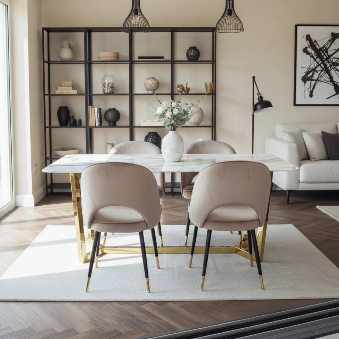 Loki 1.8m Gold Dining Set – Cream Sintered Stone Table with 4/6 Bjorn Champagne Velvet Chairs - Image 4