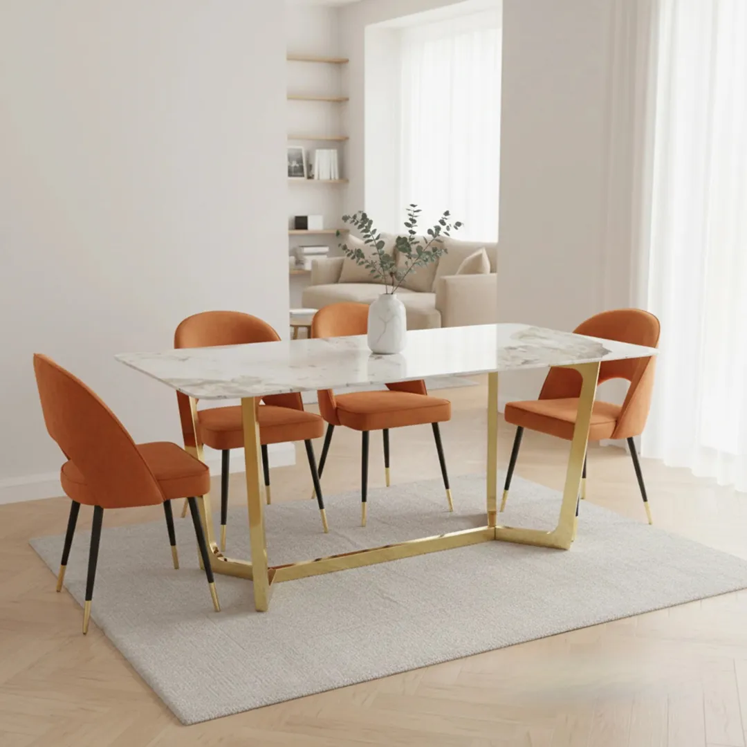 Loki 1.8m Gold Dining Set – Cream Sintered Stone Table with 4/6 Bjorn Rust Velvet Chairs - Image 4