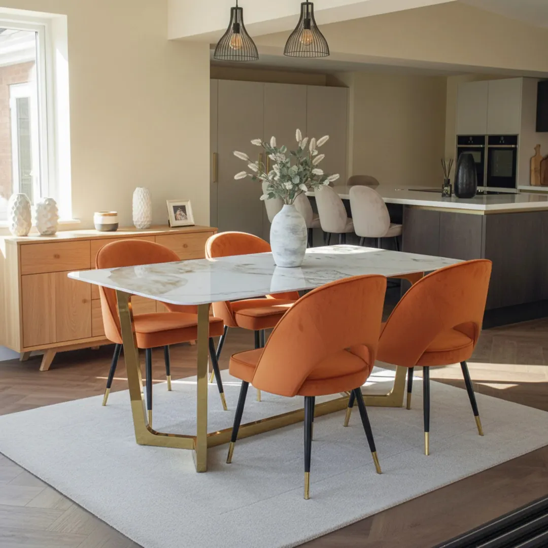 Loki 1.8m Gold Dining Set – Cream Sintered Stone Table with 4/6 Bjorn Rust Velvet Chairs - Image 5
