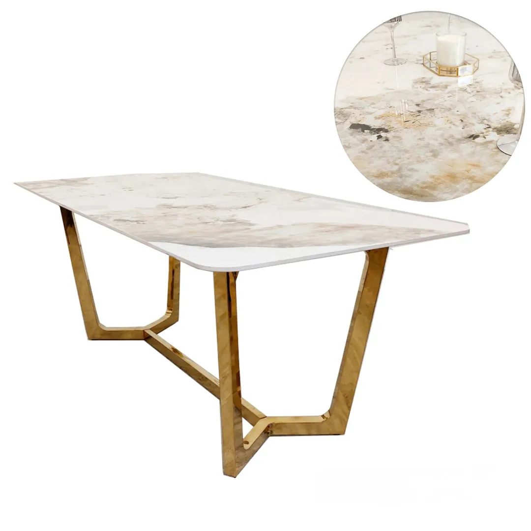 Loki 180cm Cream Sintered Stone Dining Table with Gold Y-Leg Stand - Image 7