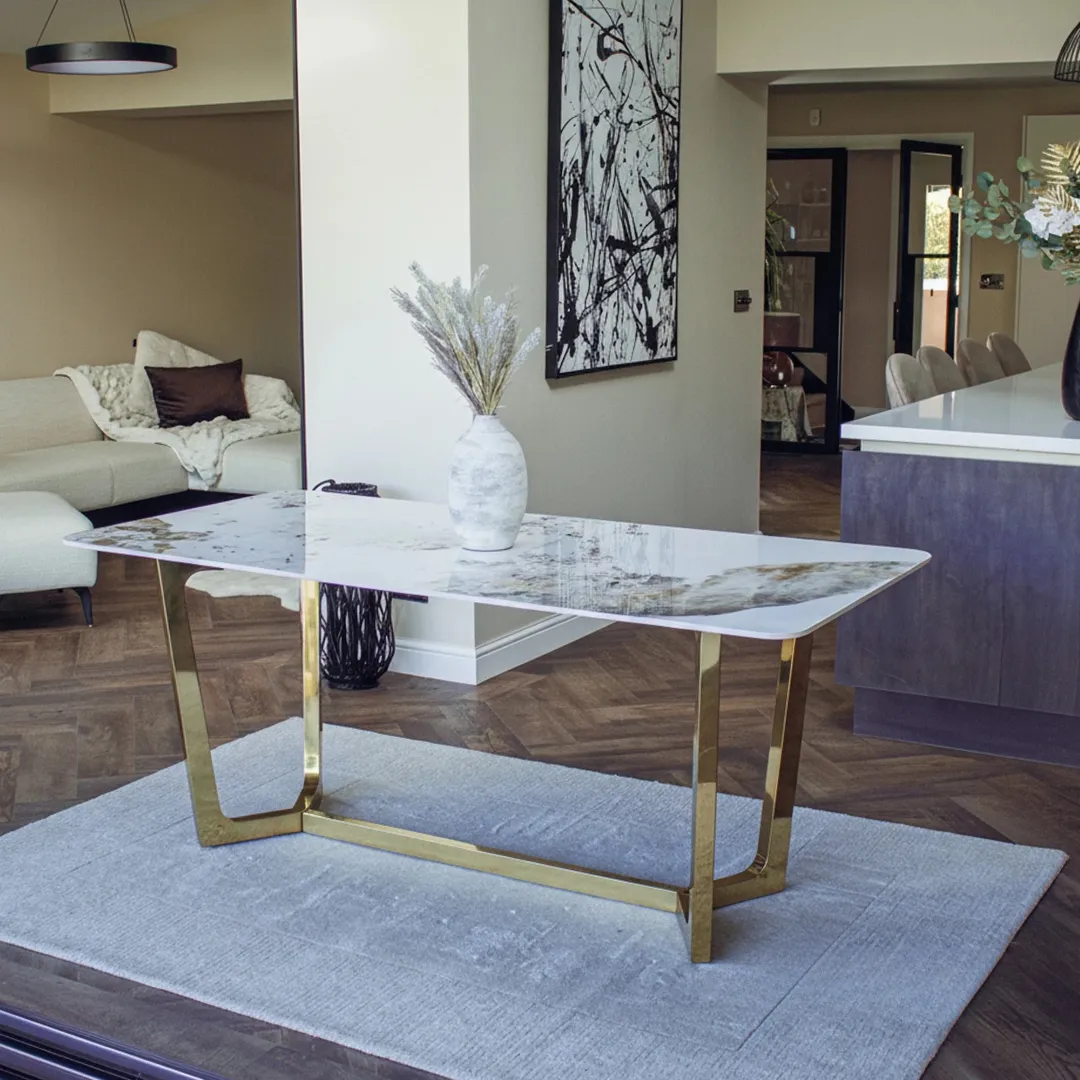 Loki 180cm Cream Sintered Stone Dining Table with Gold Y-Leg Stand
