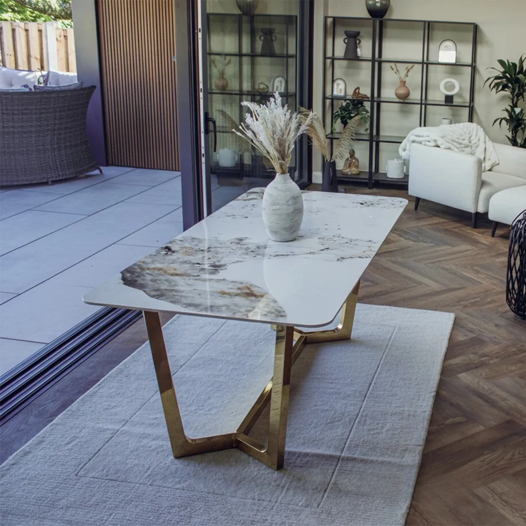 Loki 180cm Cream Sintered Stone Dining Table with Gold Y-Leg Stand - Image 3