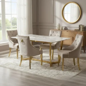Loki 1.8m Gold Dining Set – Cream Sintered Stone Table with 4/6 Henrik Beige Velvet Chairs