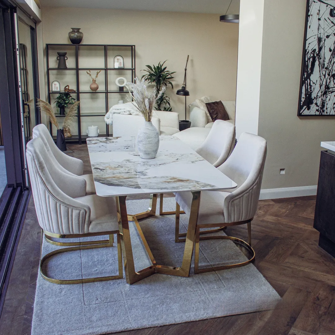 Loki 180cm Cream Sintered Stone Dining Table with Gold Y-Leg Stand - Image 6