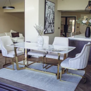 Loki 1.8m Rectangular Gold Dining Set – Cream Sintered Stone Table with 4/6 Olivia Velvet Chairs