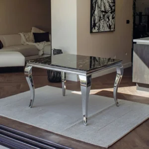 Lorens 100cm Square Chrome Dining Table – Modern Black & Gold Marble Top