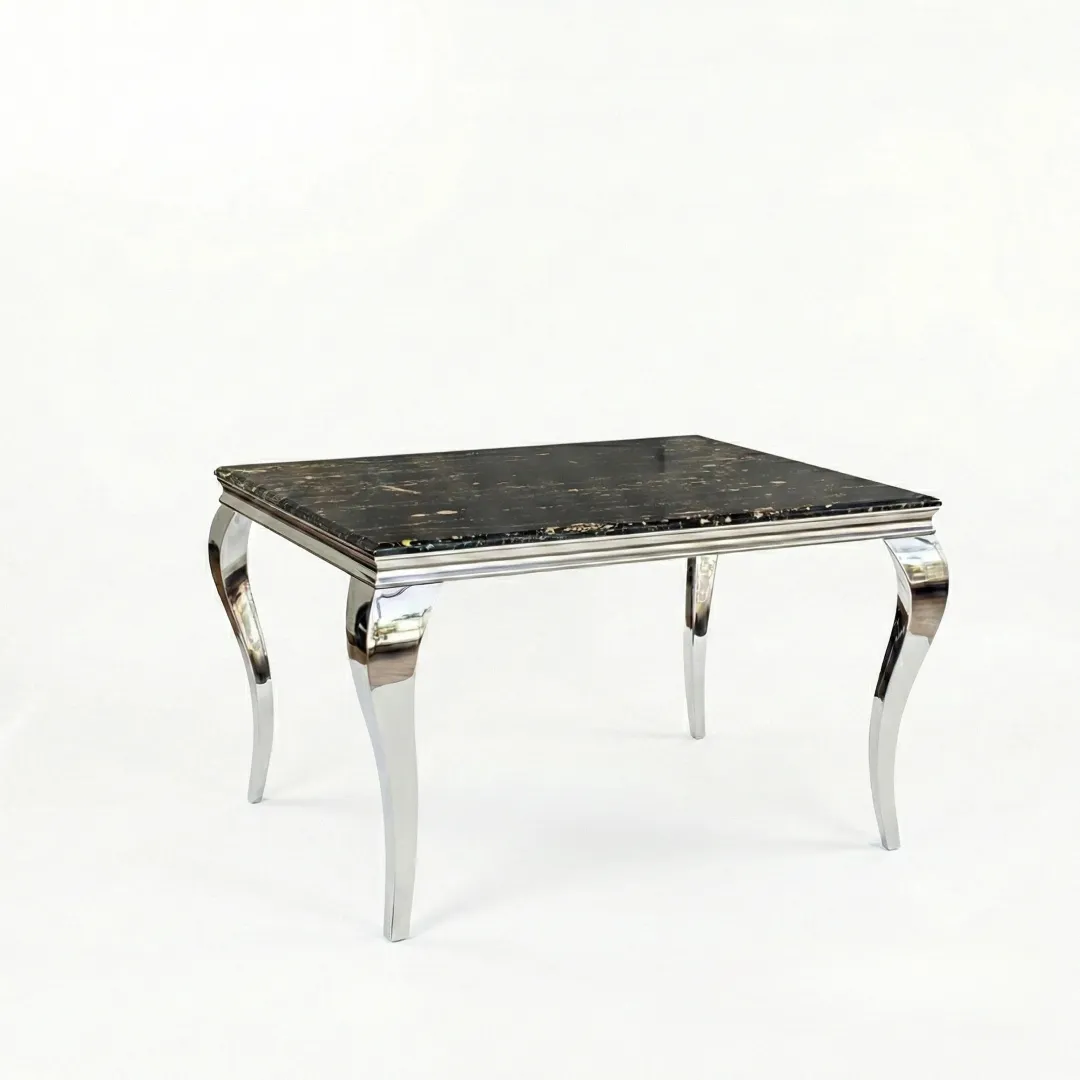 Lorens 1m Square Black & Gold Marble Chrome Dining Table with 4 Niklas Leather Chairs - Image 5