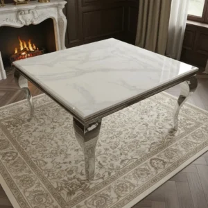 Lorens 100cm Square Chrome Dining Table – Modern White Marble Top